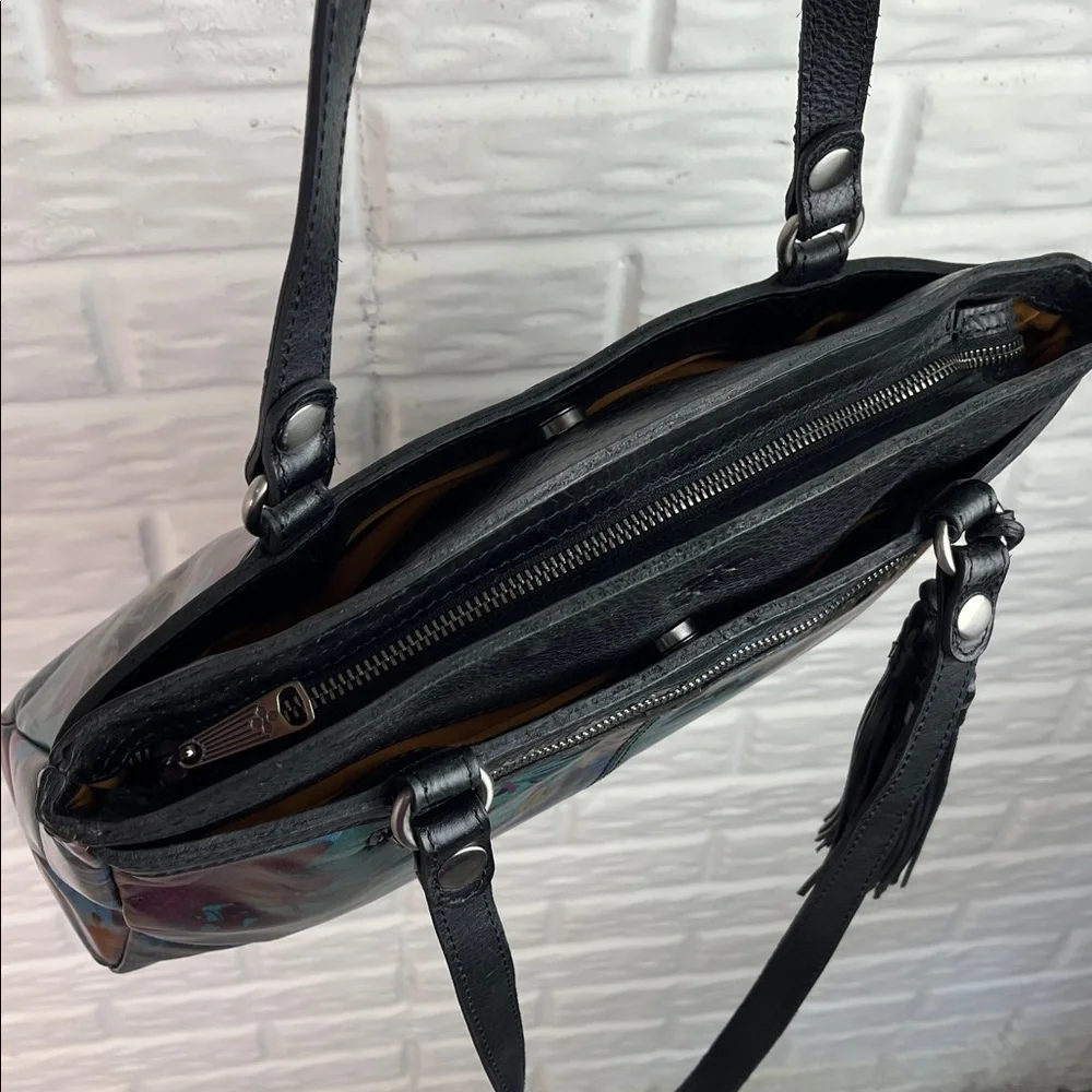PATRICIA NASH POPPY TOTE BLACK LEATHER LEAF PATTERN TASSEL 3 COMPARTMENTS - Picture 9 of 17